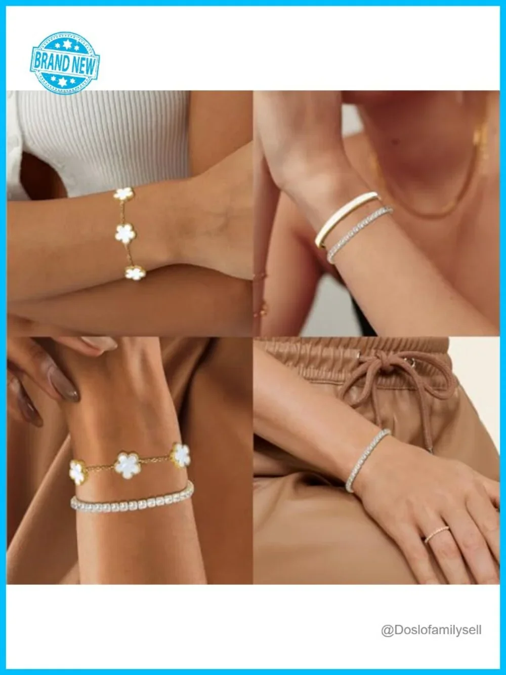 18K Gold Plated Stainless Steel Bracelet Stack Set with Bangle, Tennis, Clover